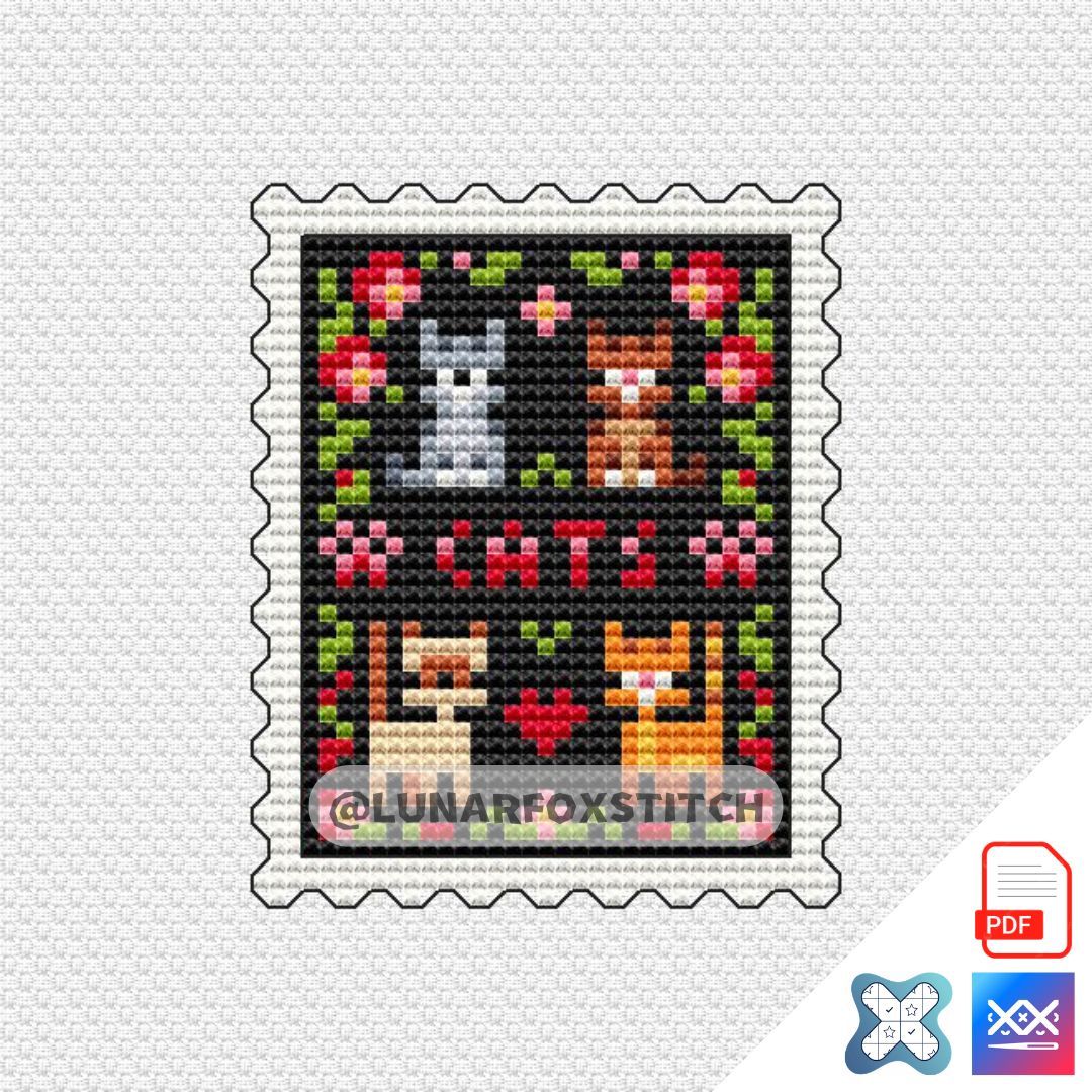 Cats love mini postage stamp cross stitch pattern