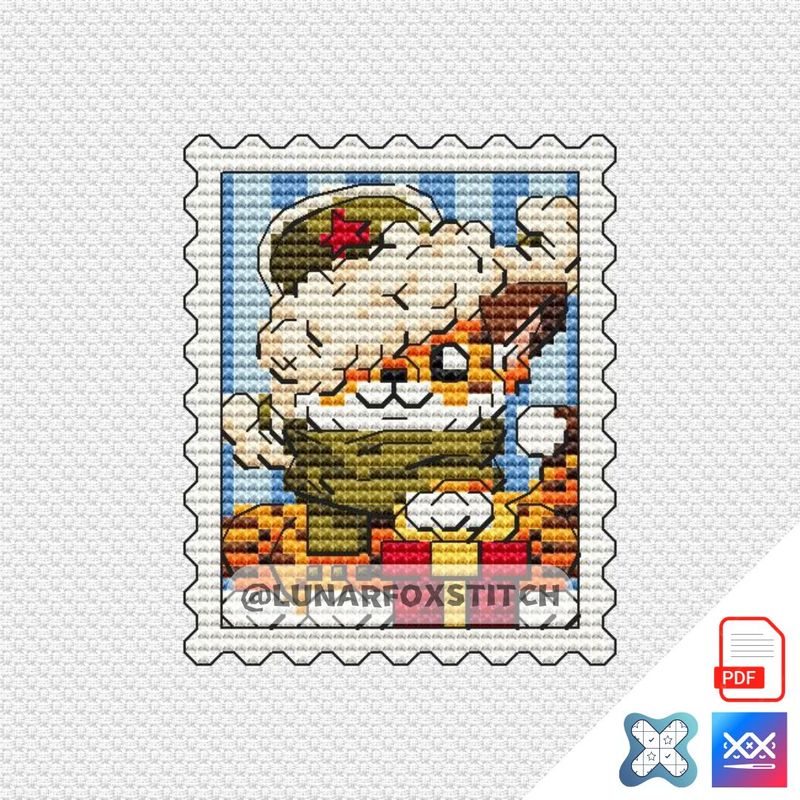 Tiger in uniform mini postage stamp cross stitch pattern