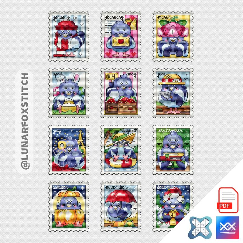 Pigeons - 12 mini postage stamp cross stitch pattern