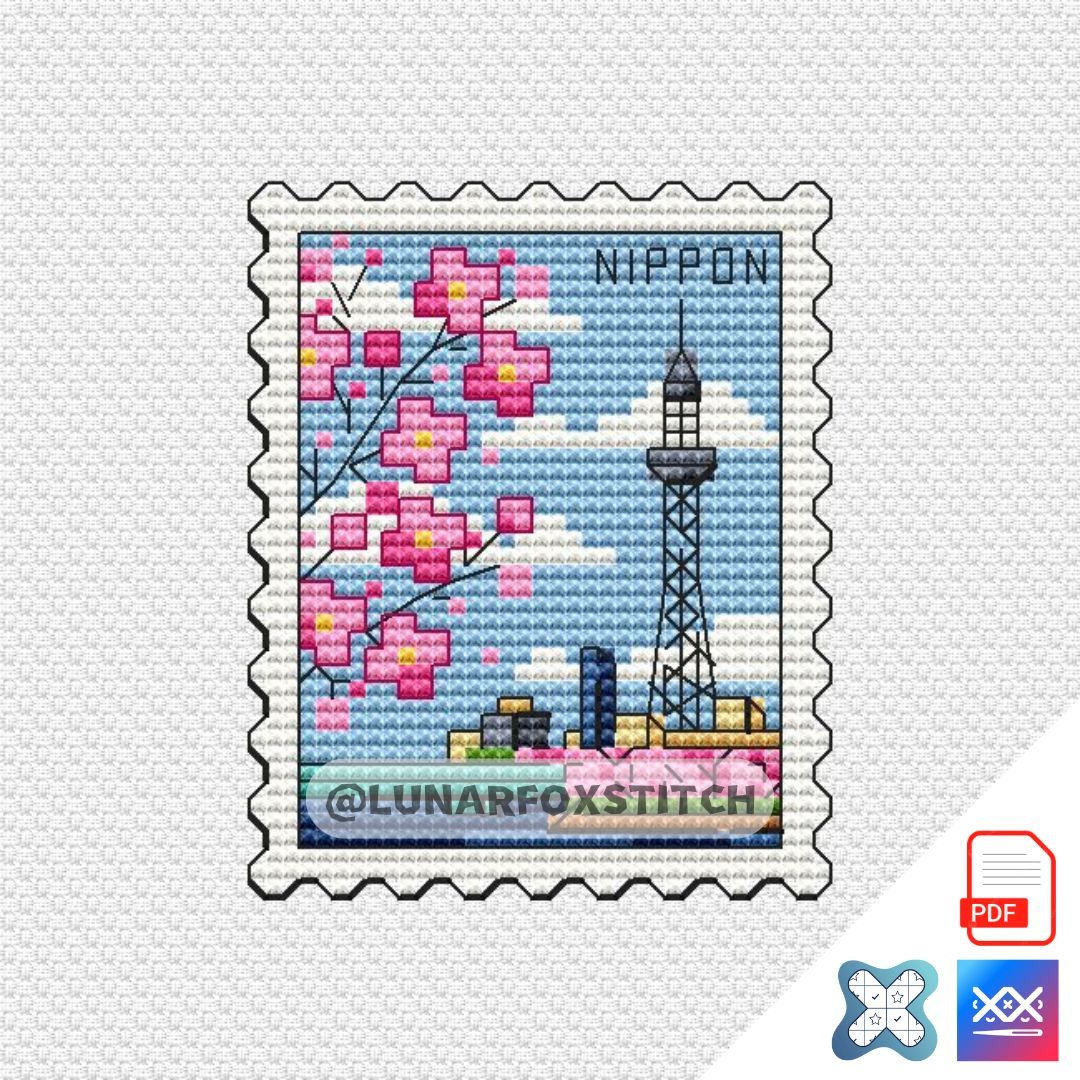 Tokyo Skytree mini postage stamp cross stitch pattern
