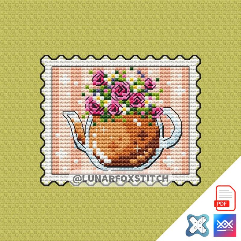 Tea time mini postage stamp cross stitch pattern