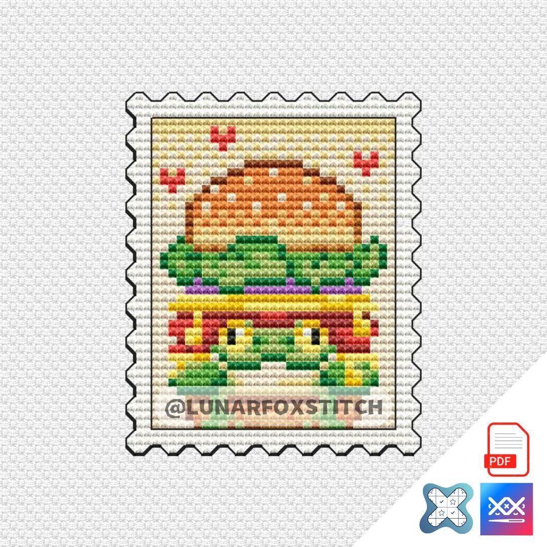 Frogburger mini postage stamp cross stitch pattern