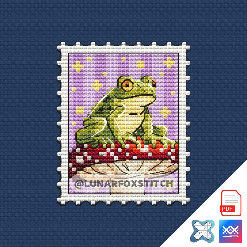 Frog and mushroom mini postage stamp cross stitch pattern