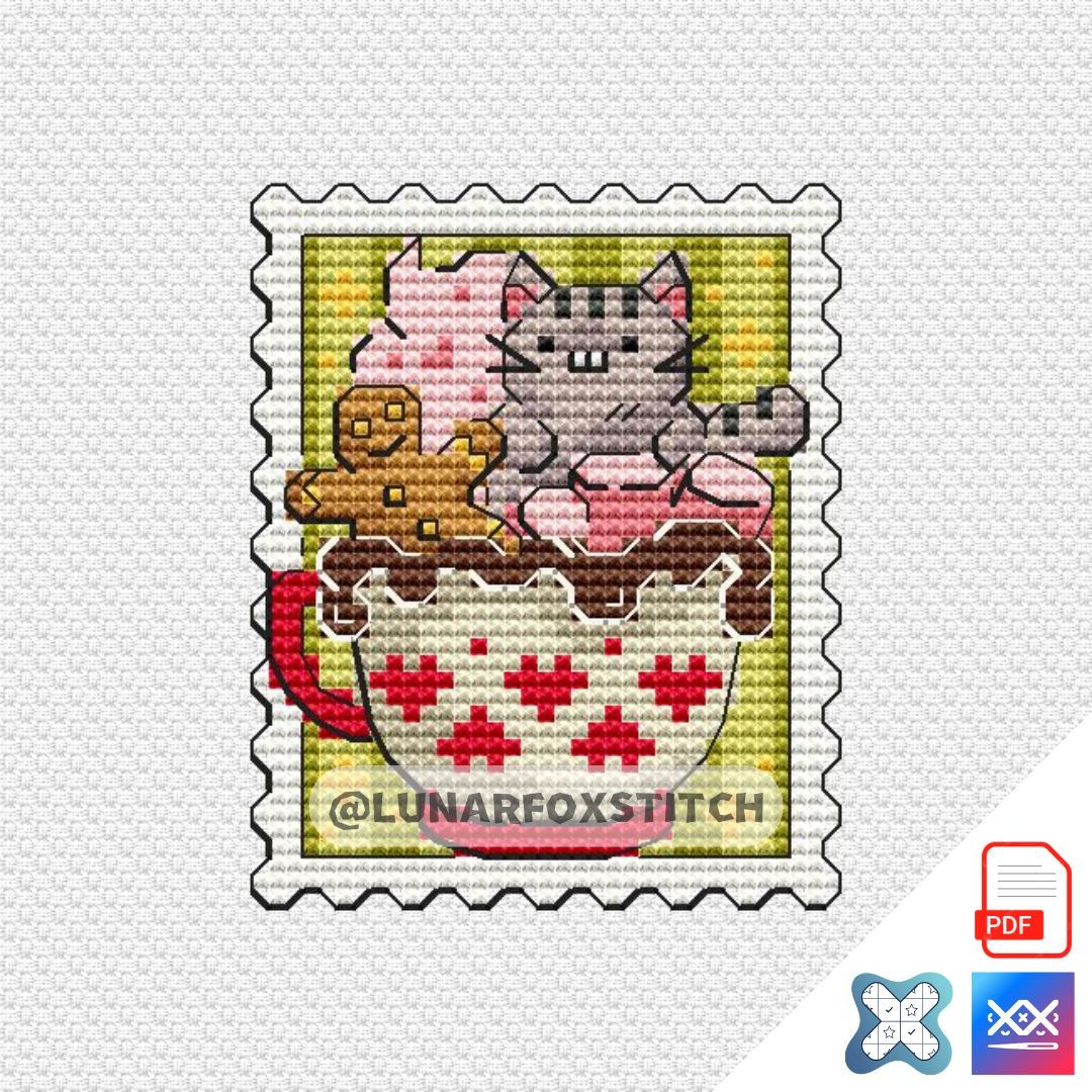 Christmas cup cat mini postage stamp cross stitch pattern