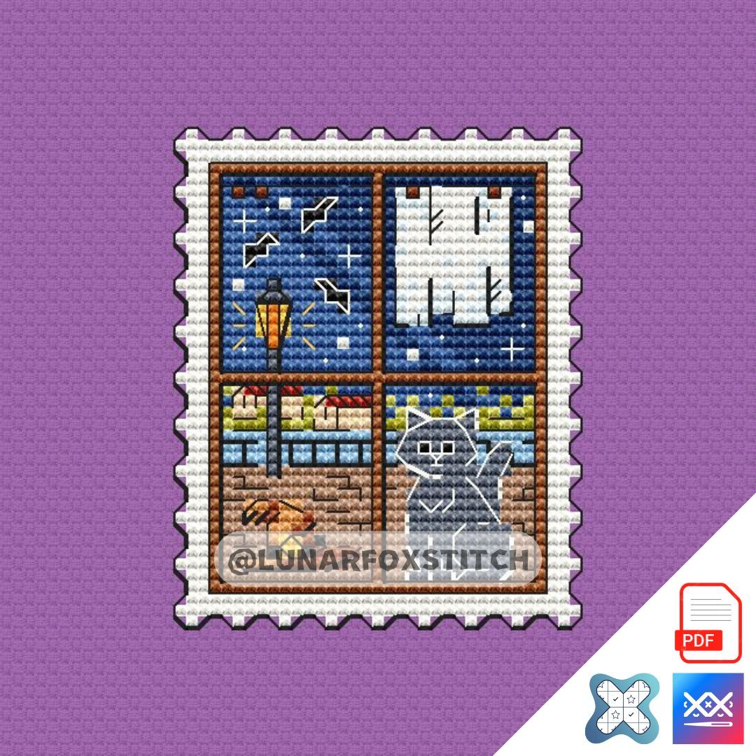 Halloween window cat mini postage stamp cross stitch pattern