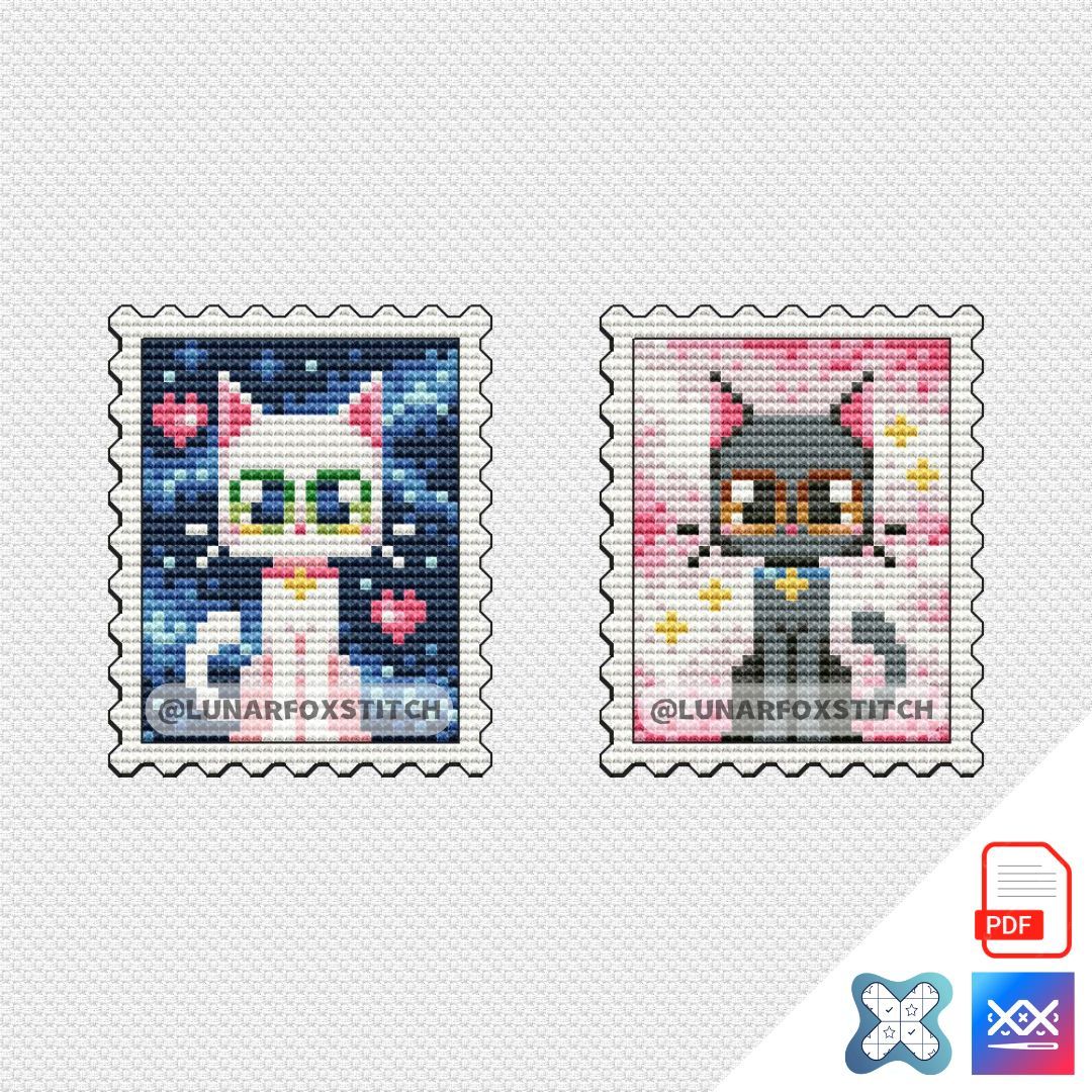 Black and white cat mini postage stamp cross stitch pattern