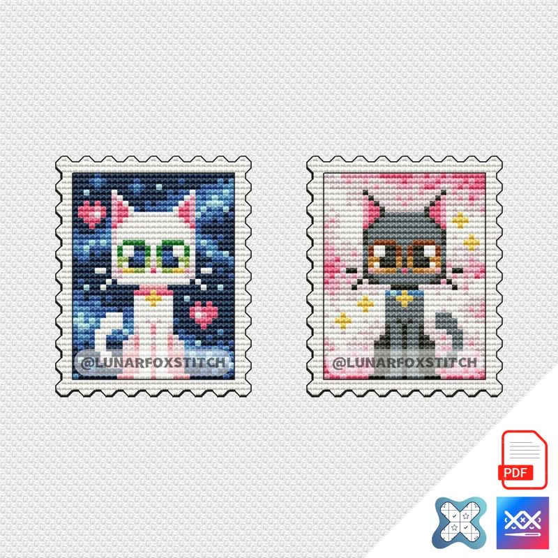 Black and white cat mini postage stamp cross stitch pattern