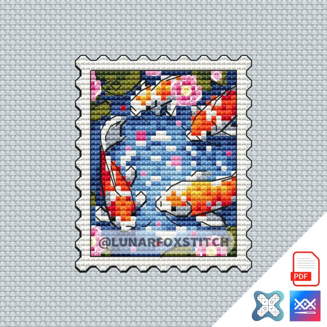Japanese koi pond mini postage stamp cross stitch pattern