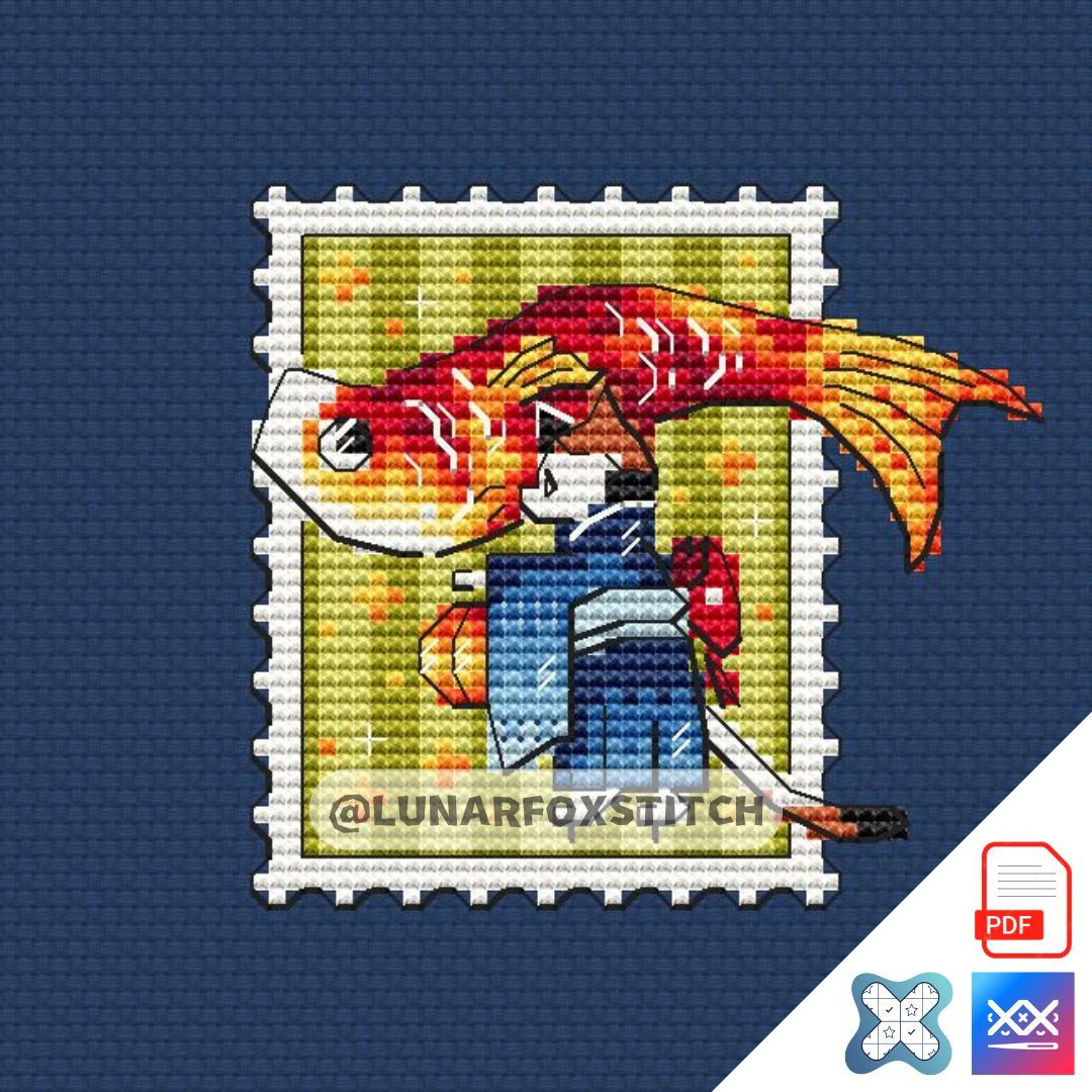 Cat and carp mini postage stamp cross stitch pattern