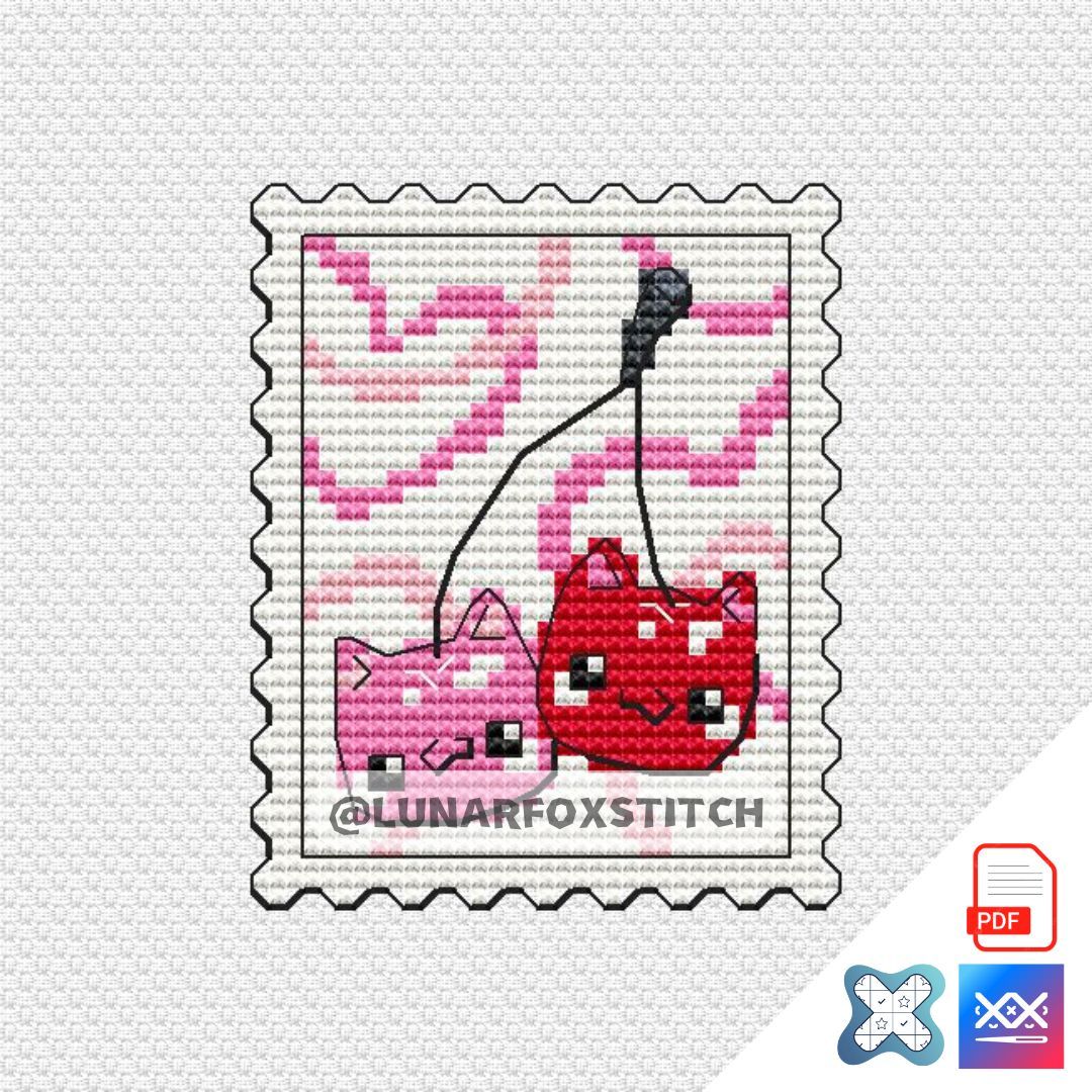 Cherry cat mini postage stamp cross stitch pattern