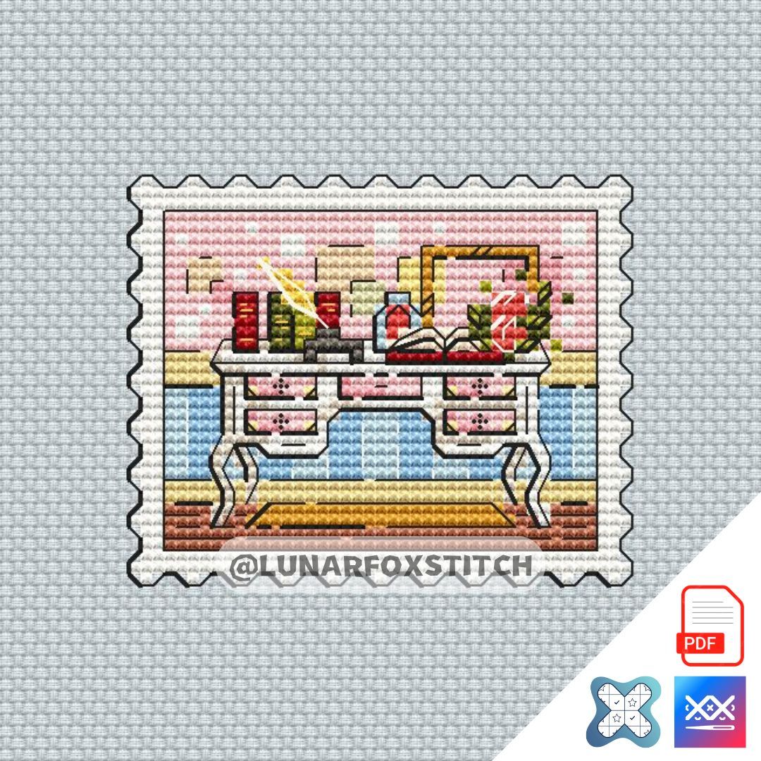 Dressing table mini postage stamp cross stitch pattern