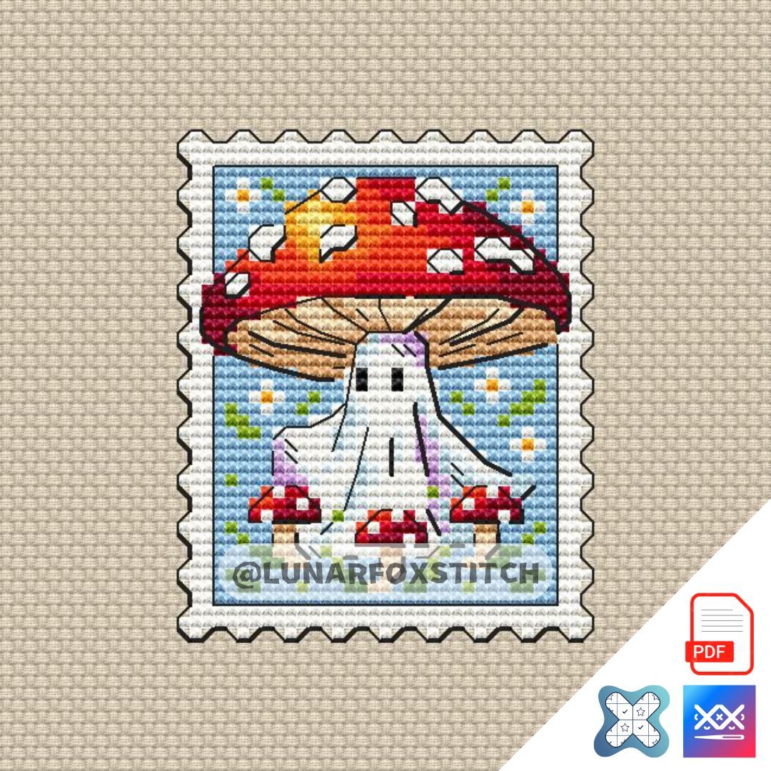 Mushroom ghost mini postage stamp cross stitch pattern