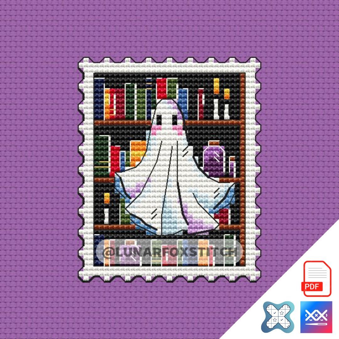 Ghost library mini postage stamp cross stitch pattern