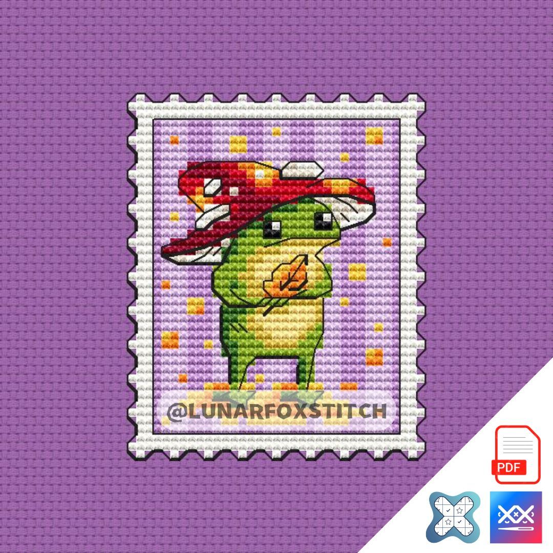 Mushroom frog mini postage stamp cross stitch pattern