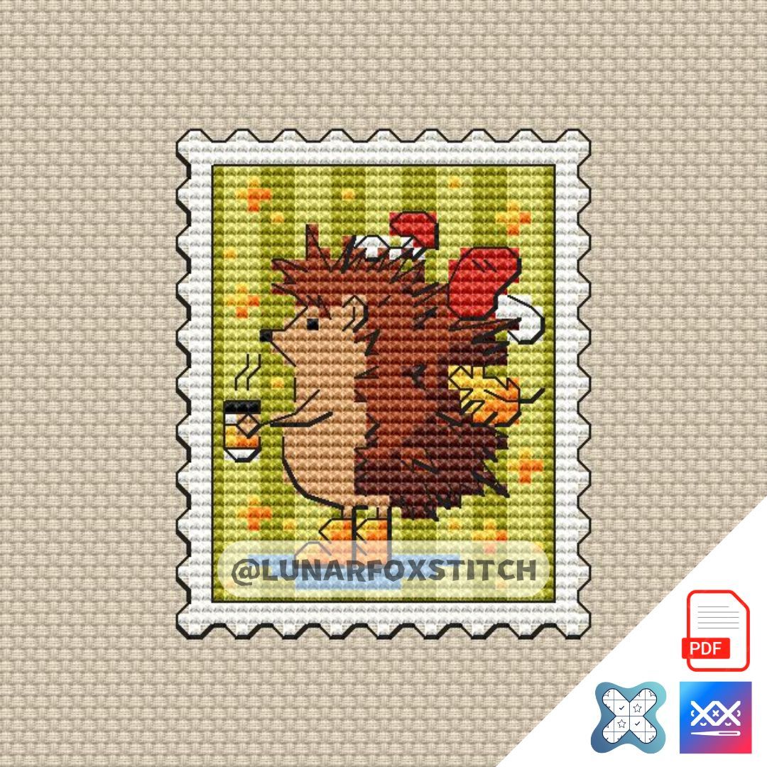 Autumn hedgehog mini postage stamp cross stitch pattern