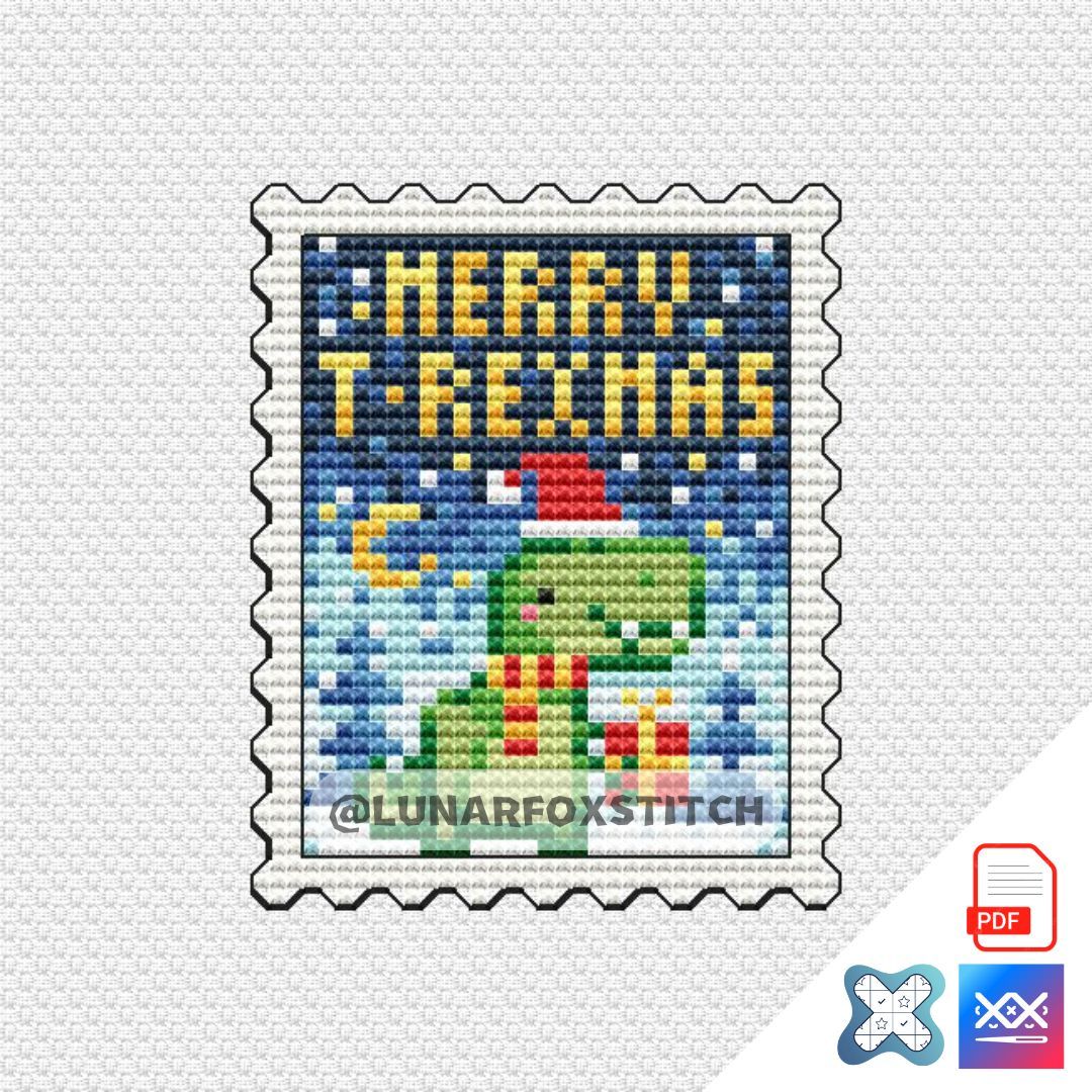 Merry T-Rexmas mini postage stamp cross stitch pattern