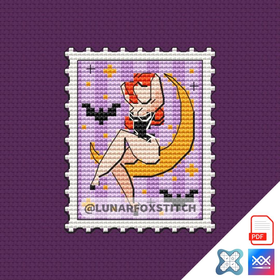 Witch on the moon mini postage stamp cross stitch pattern