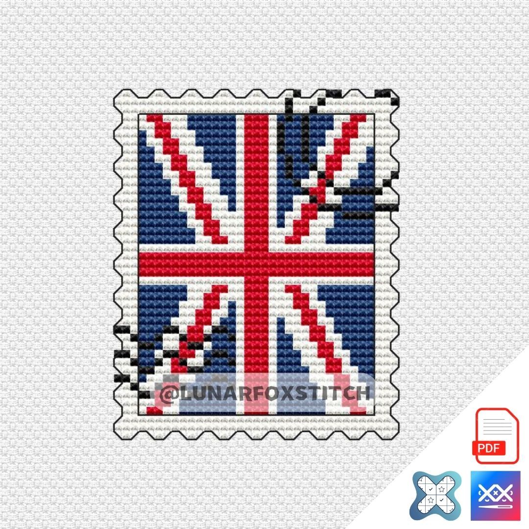 United Kingdom Flag mini postage stamp cross stitch pattern