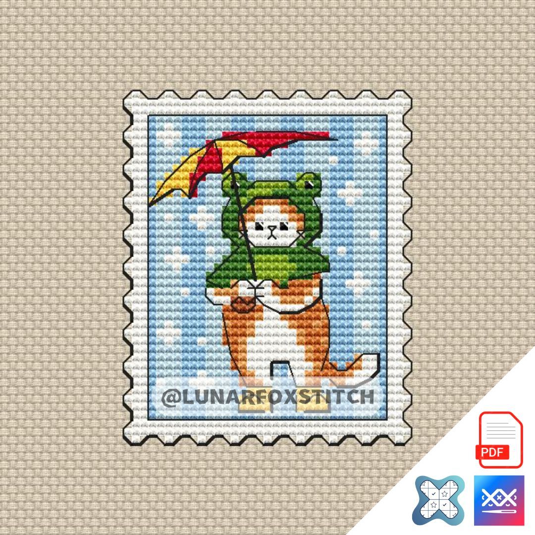 Cat frog raincoat mini postage stamp cross stitch pattern