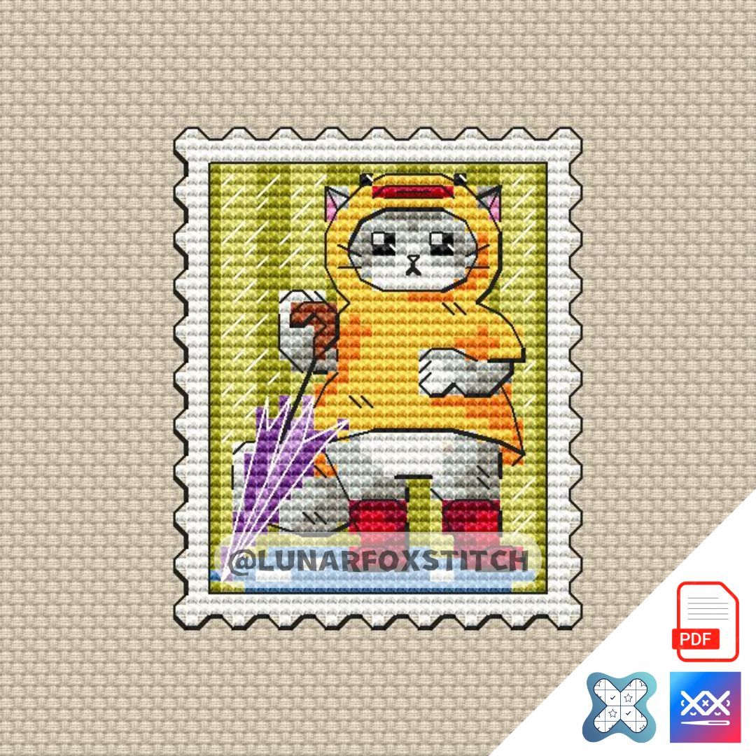 Cat duck raincoat mini postage stamp cross stitch pattern