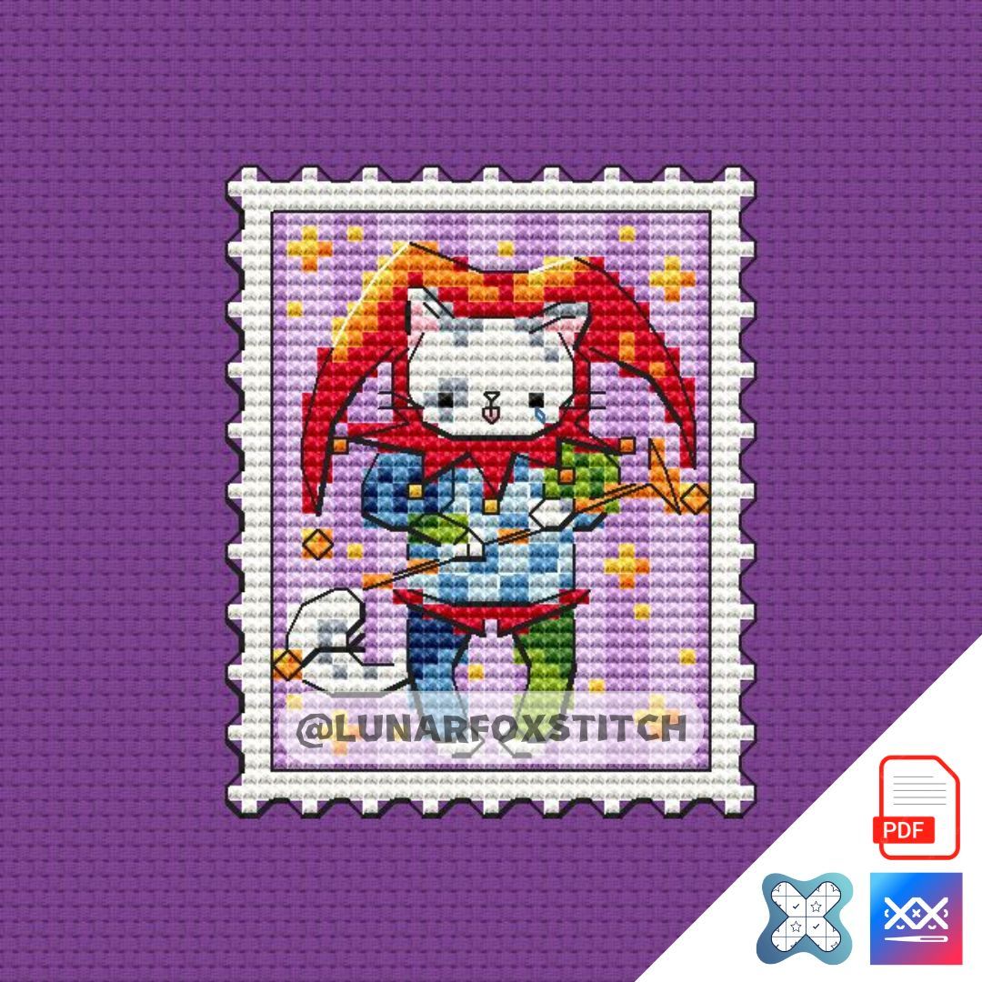 Cat jester mini postage stamp cross stitch pattern