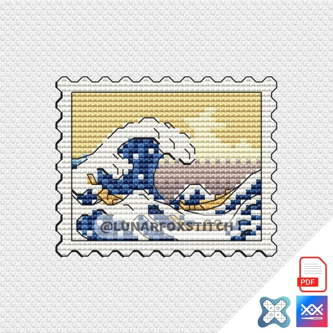 The Great Wave off Kanagawa mini postage stamp cross stitch pattern