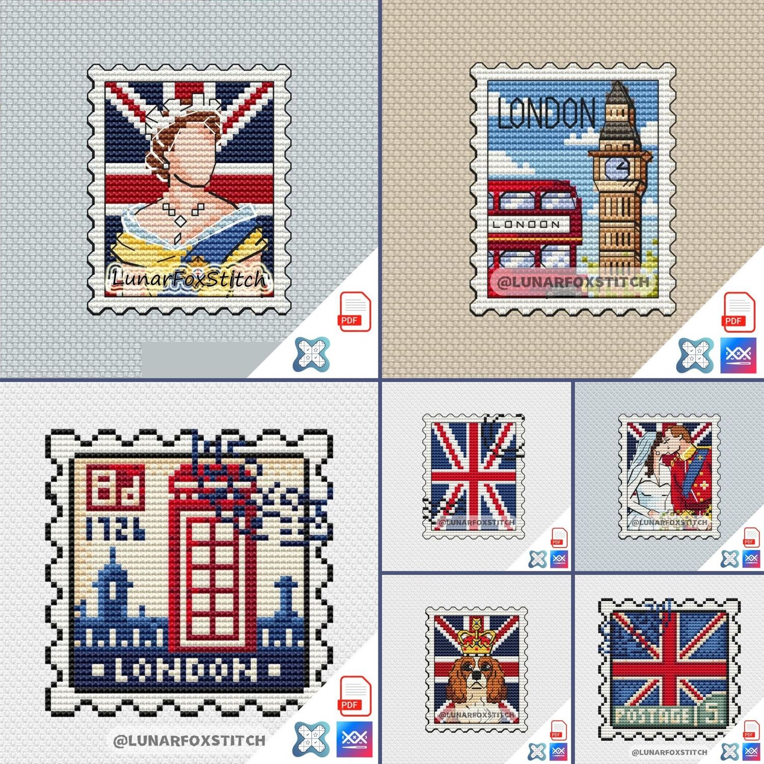 London - set of 7 - mini stamp cross stitch pattern - The United Kingdom embroidery (PDF Download)