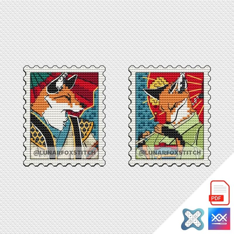 Samurai and Geisha fox mini stamp cross stitch pattern
