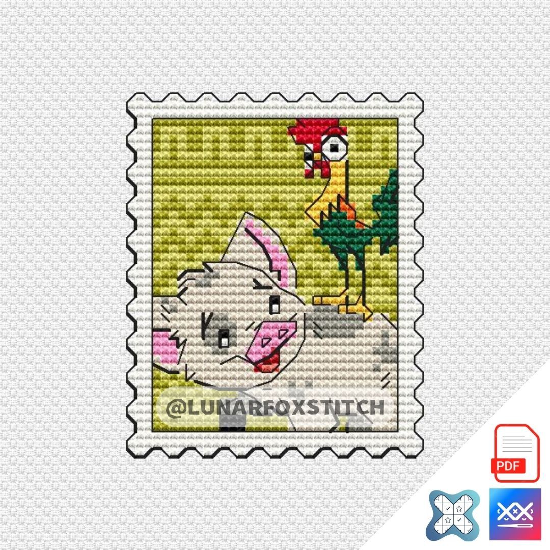 Pig and Rooster mini stamp cross stitch pattern