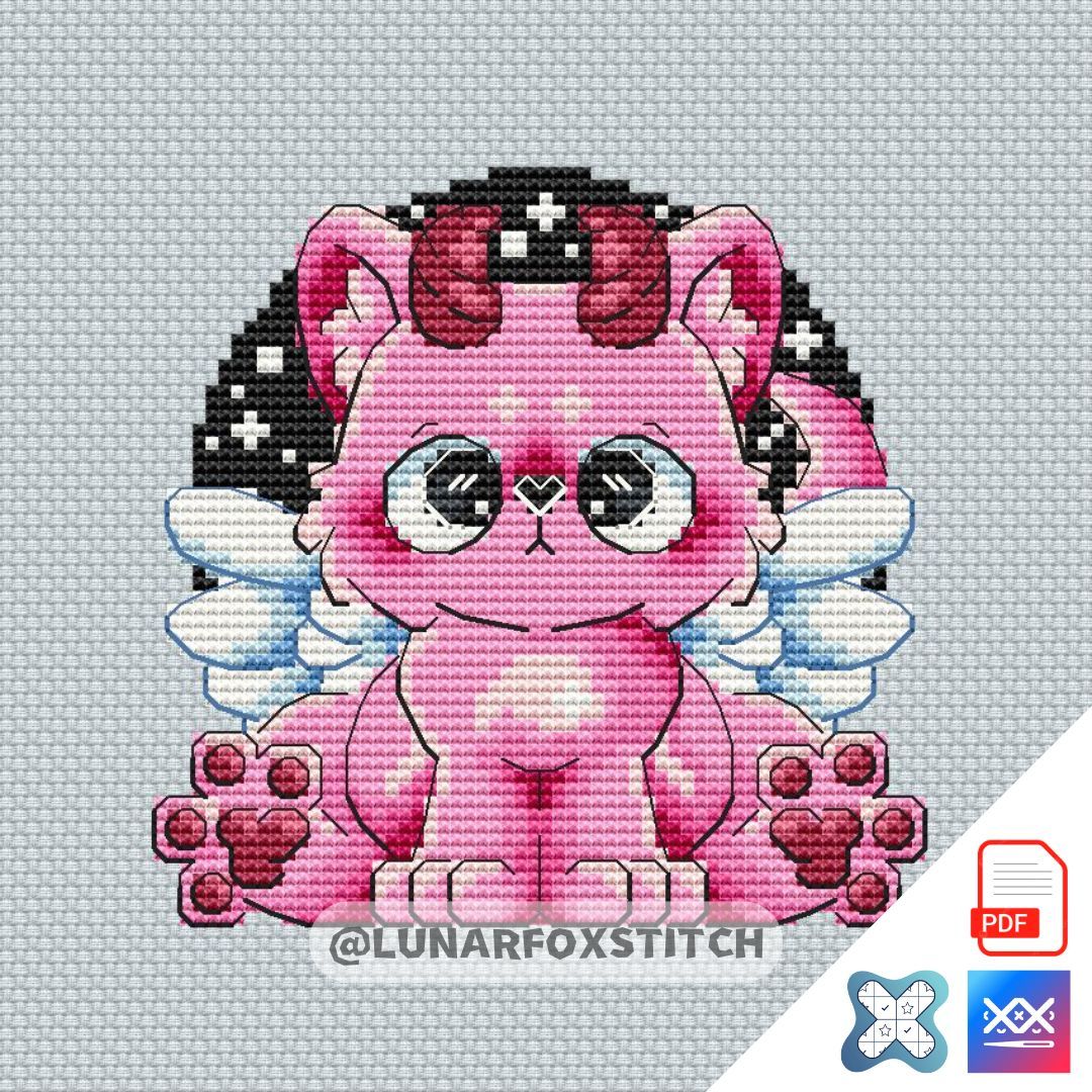 Pink angel cat mini cross stitch pattern