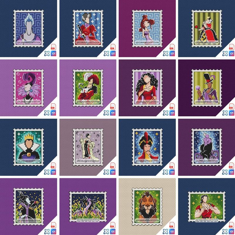 Villains Set of 16 mini stamp cross stitch pattern