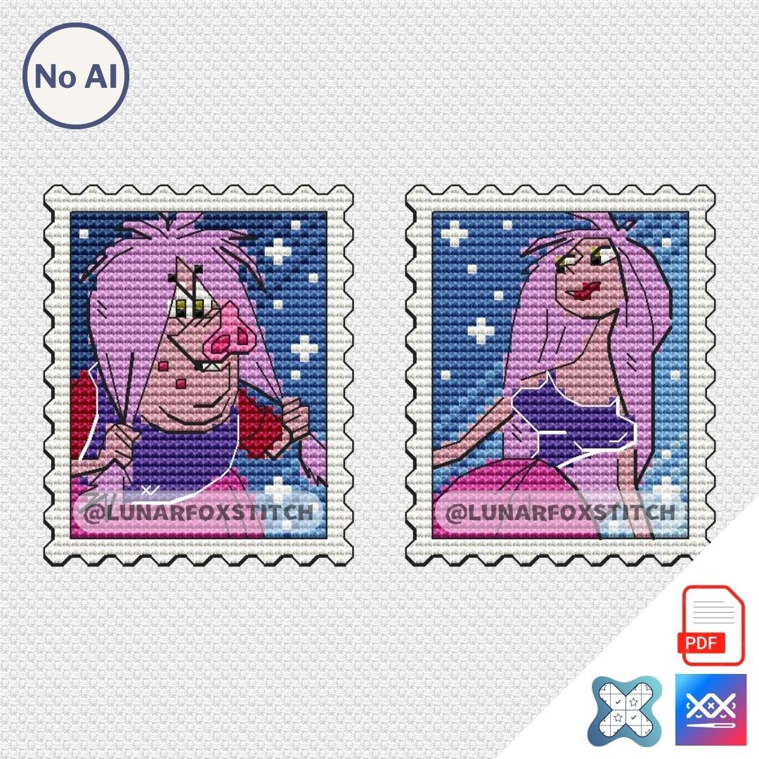 Purple witch mini stamp cross stitch pattern