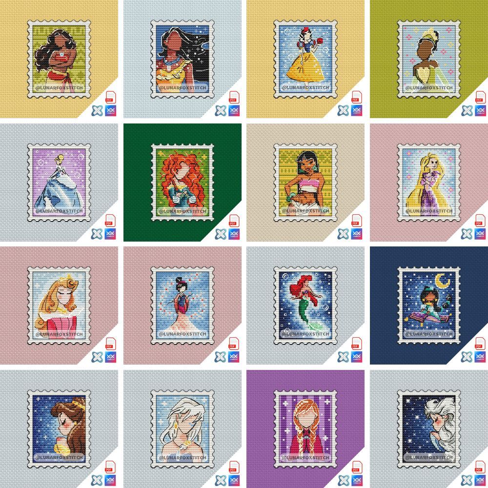 Princess Set of 16 mini stamp cross stitch pattern