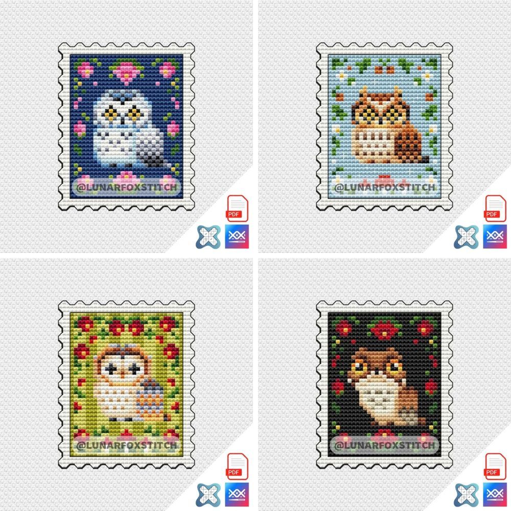 Owl - set of 4 mini postage stamp cross stitch pattern