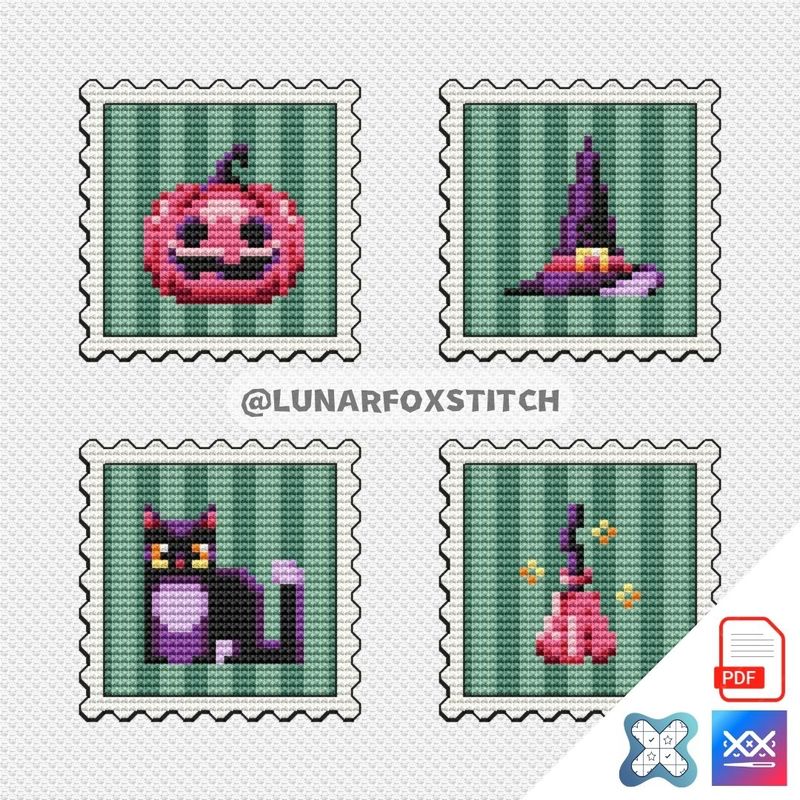 Halloween - Pumpkin, Hat, Cat, Broom mini stamp cross stitch pattern