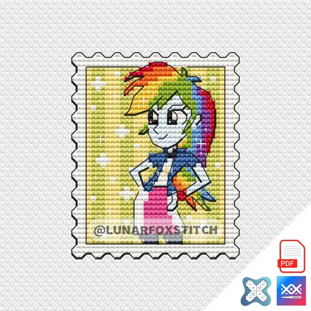 Pony Girl Rainbow mini postage stamp cross stitch pattern