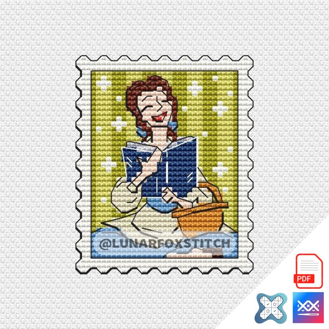 Girl and Book mini stamp cross stitch pattern