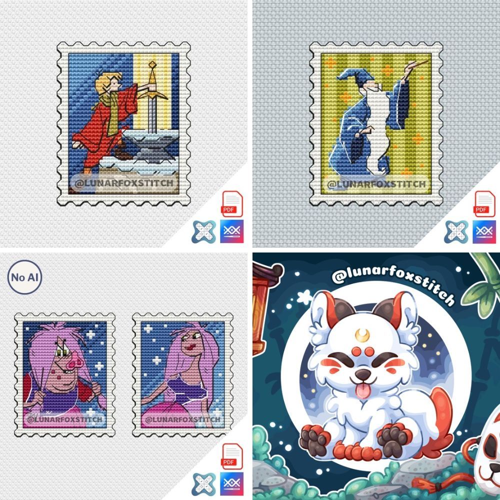 Boy and Magic Sword - set of 4 mini postage stamp cross stitch pattern