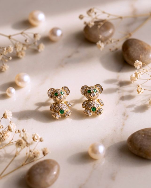 14kt Gold Teddy Bear Emerald Stone Earrings