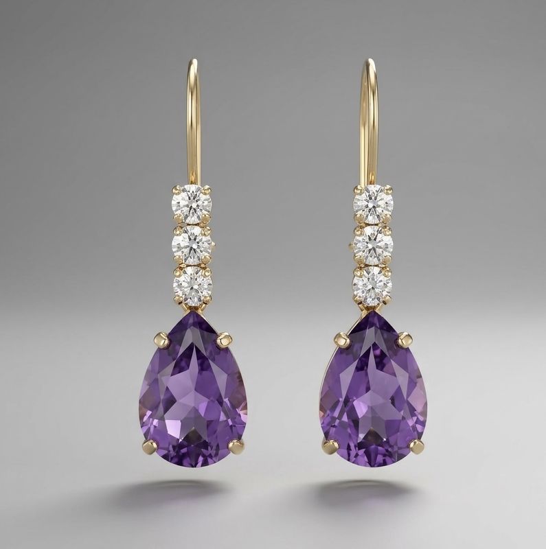14kt Gold 3 Stone Pear Shape Earrings (Amethyst)