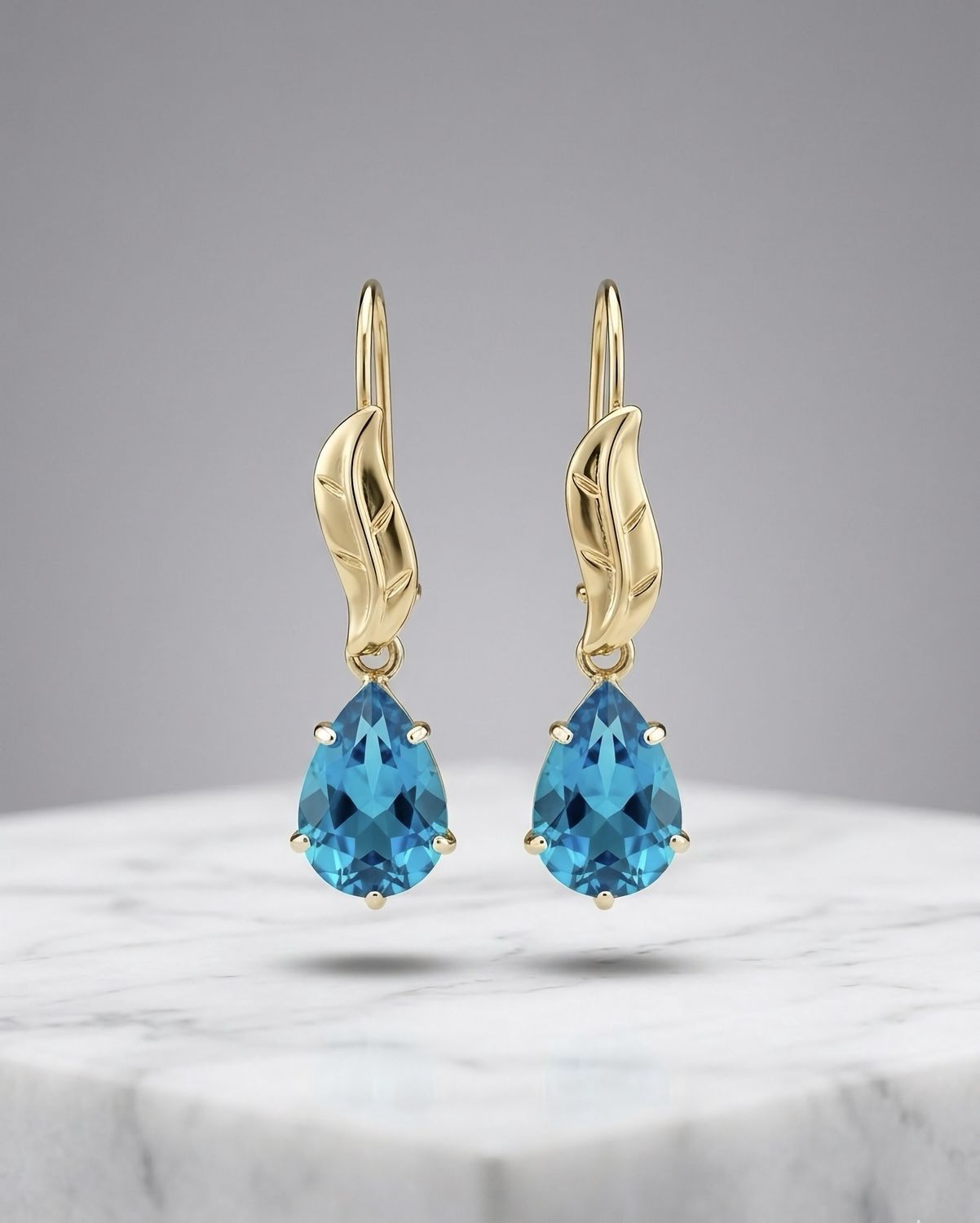 14kt Gold Leaf Teardrop Earrings (Aquamarine)