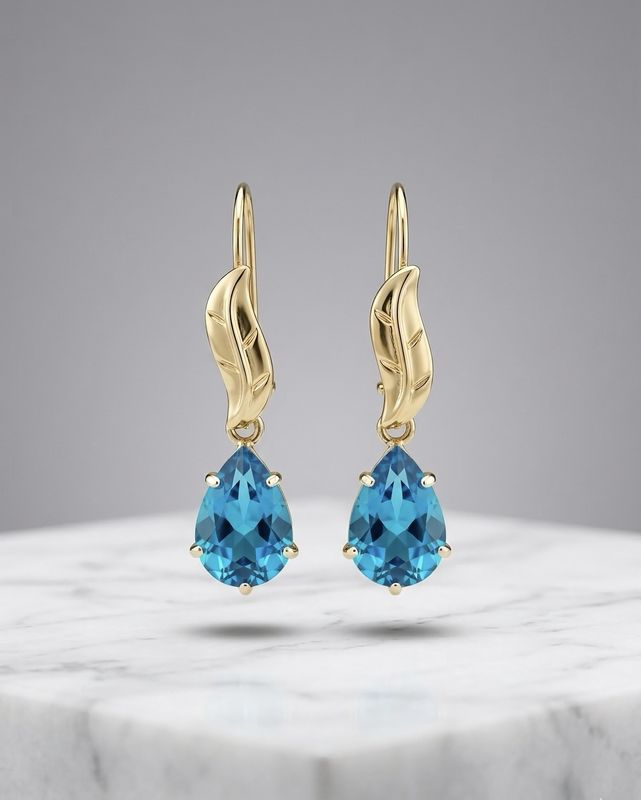 14kt Gold Leaf Teardrop Earrings (Aquamarine)