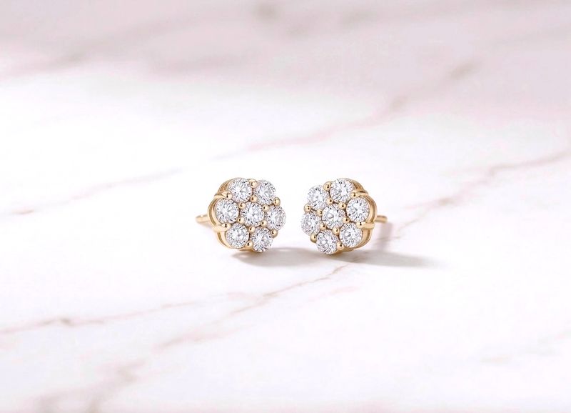 14kt Small Diamond  Floral Stud Earrings