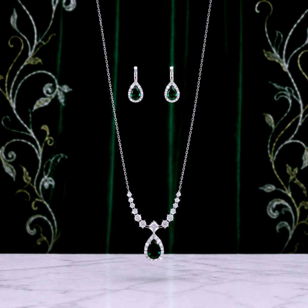 Silver Teardrop Emerald CZ Earring &amp; Necklace Set