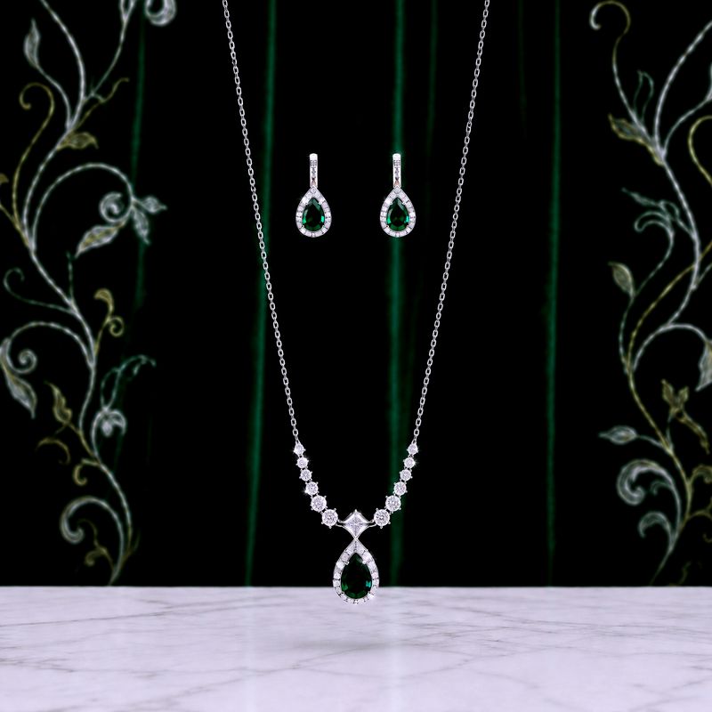 Silver Teardrop Emerald CZ Earring &amp; Necklace Set
