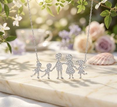 Silver Necklace Of Mom, Dad, Daughter, Two Sons CZ