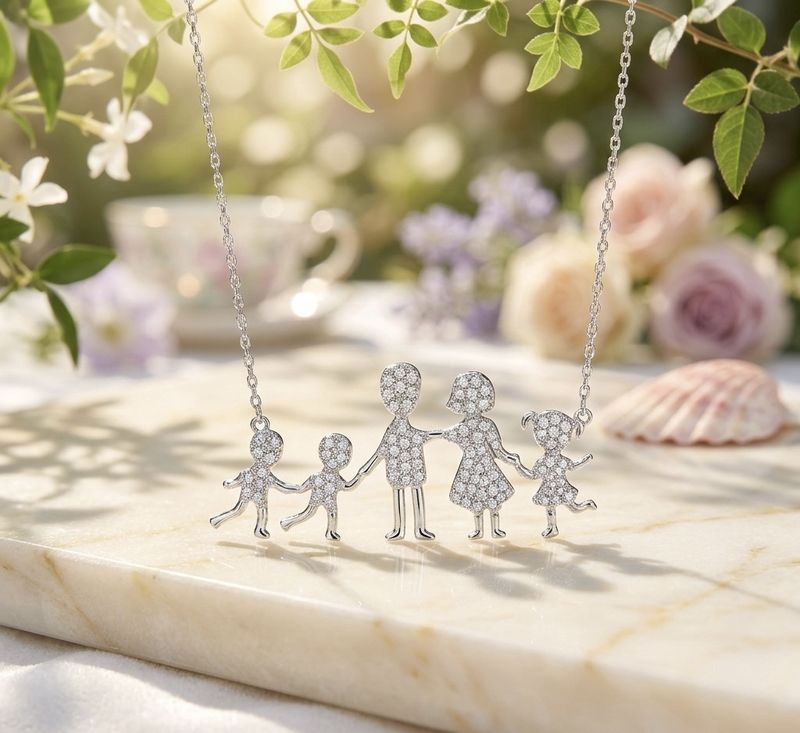 Silver Necklace Of Mom, Dad, Daughter, Two Sons CZ