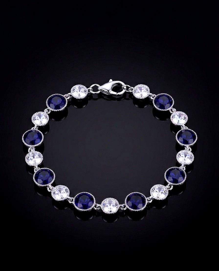 Silver Alternating Round Blue &amp; Clear CZ Tennis Bracelet