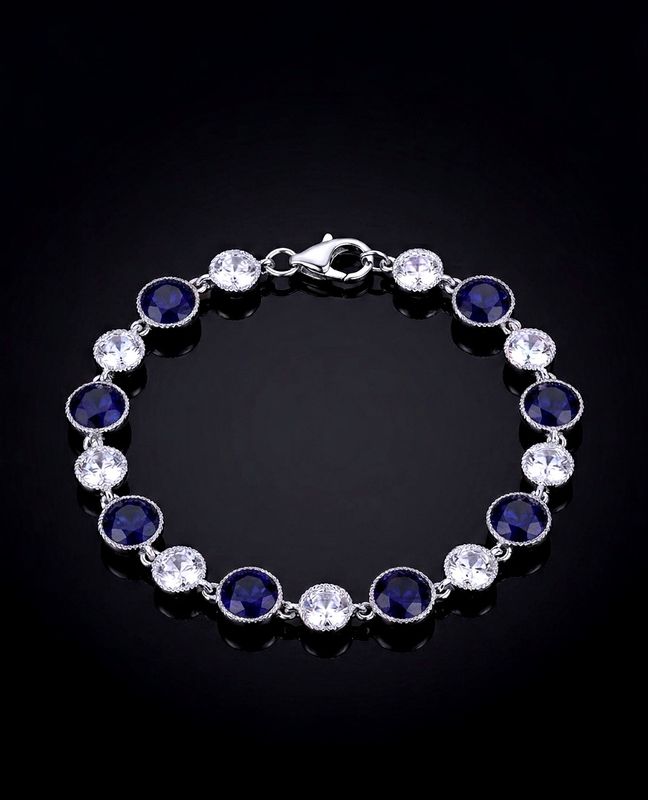 Silver Alternating Round Blue &amp; Clear CZ Tennis Bracelet
