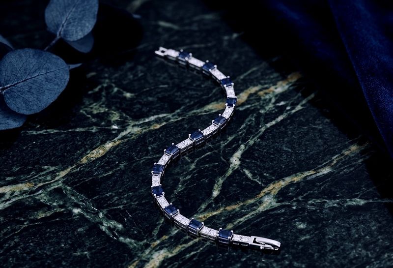Sterling Silver Square Clear and Blue CZ Tennis Bracelet